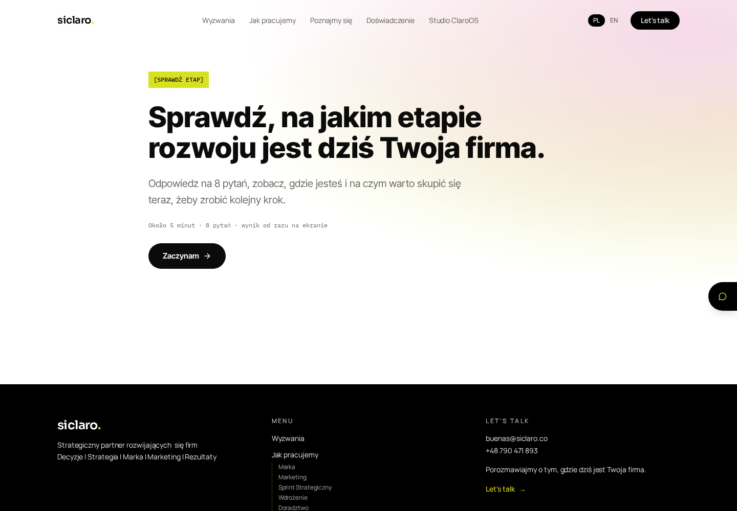 Podgląd strony startowej narzędzia Sprawdź, na jakim etapie rozwoju jest dziś Twoja firma.