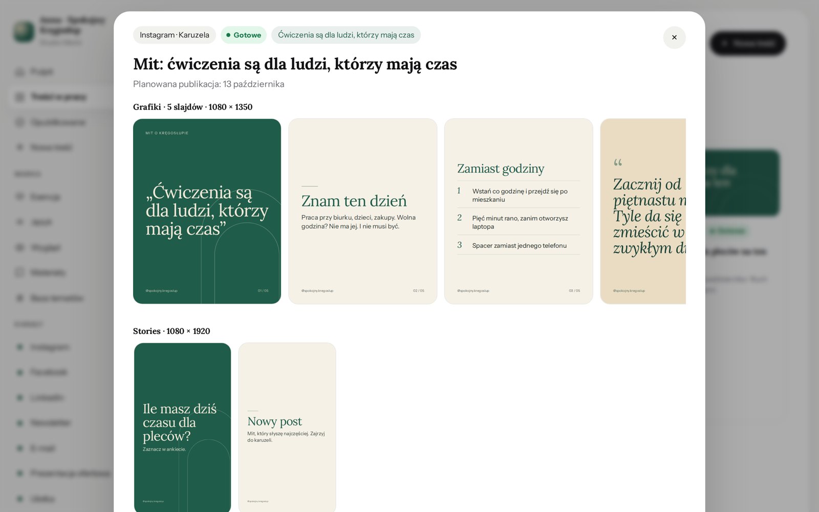 Podgląd gotowych slajdów i stories do pobrania