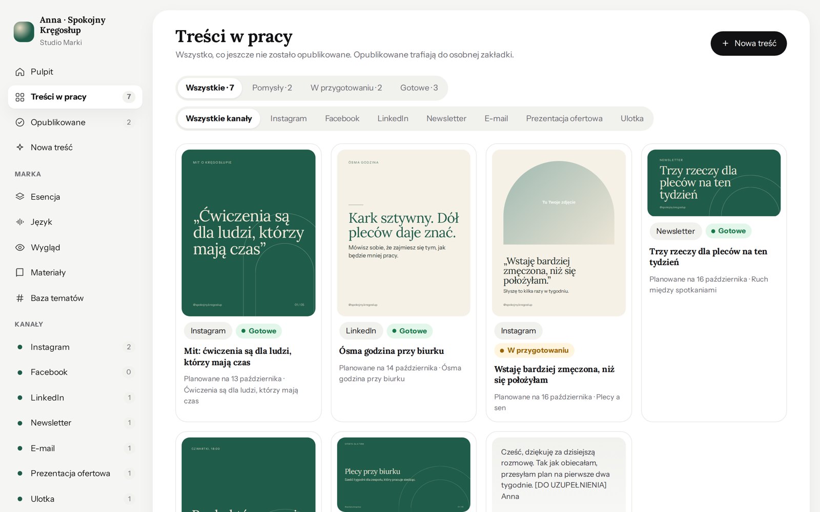 Lista treści i statusów publikacji w Studiu Marki