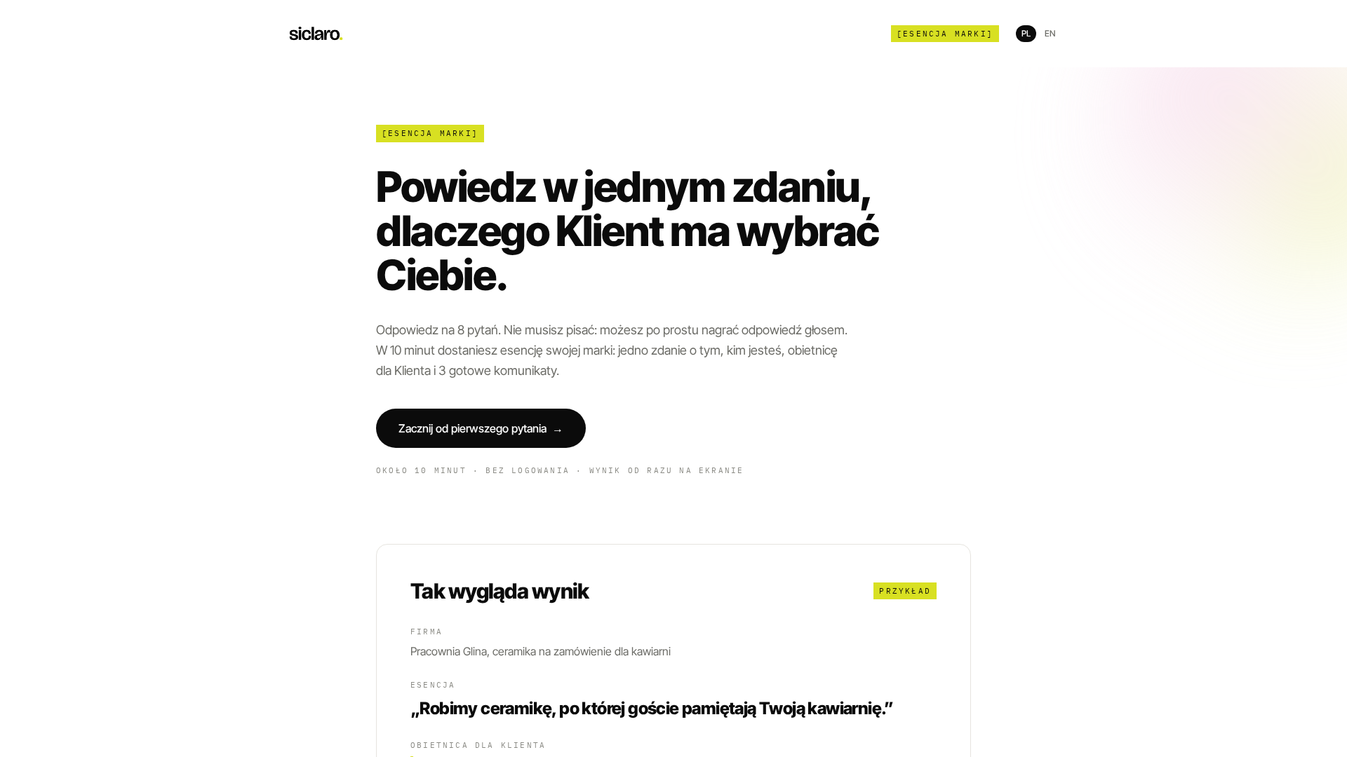 Podgląd strony startowej narzędzia Esencja marki