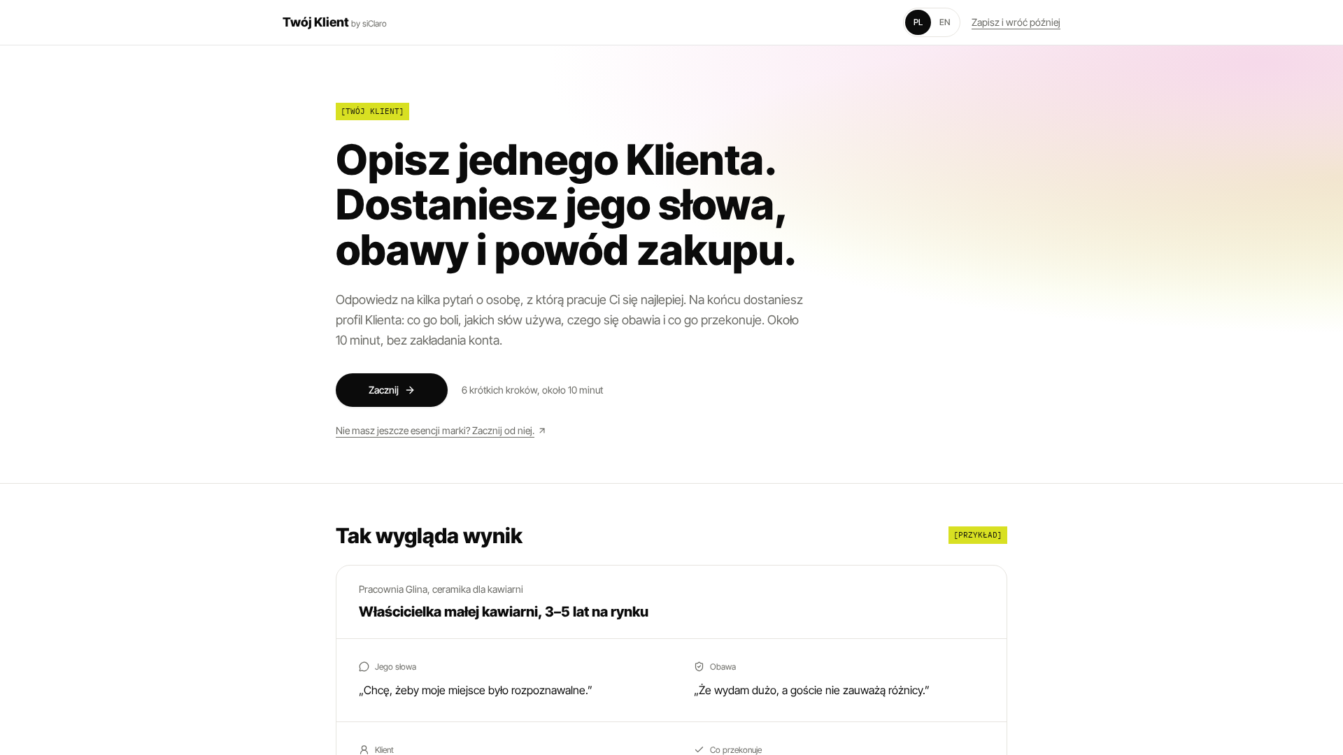 Podgląd strony startowej narzędzia Twój Klient