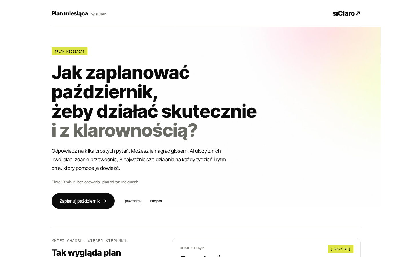 Podgląd strony startowej narzędzia Plan miesiąca